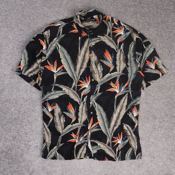 VTG Pierre Cardin Birds of Paradise Hawaiian Medium Black Short Sleeve Shirt - Picture 1 of 10